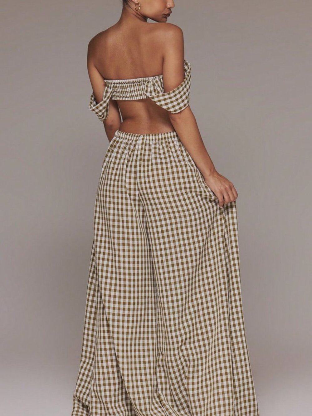 Brown Sexy Women's Gingham Cut-Out Jumpsuit - Picture 2 of 6